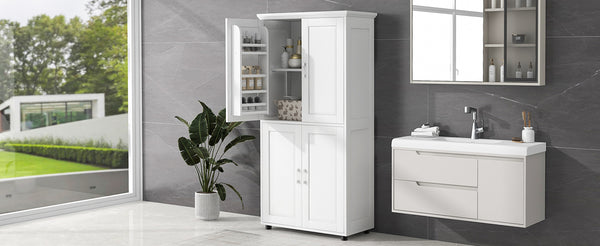 English Elm Tall White Bathroom Storage Cabinet - 4-Door Freestanding MDF Unit, Adjustable Shelves, Slim 61.8" x 18.3" x 7.5" WF323345AAK