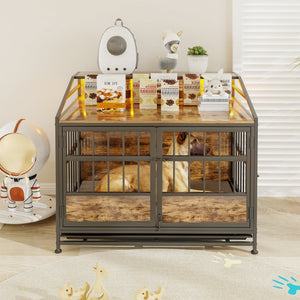 English Elm Multi-function Wooden Dog Crate with Rgb Led Storage Console for Large Breeds W840P291740