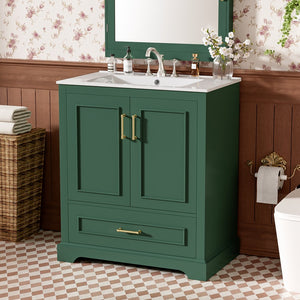 English Elm 30" Modern Bathroom Vanity with Ceramic Sink, Soft-Close Doors, Divided Drawer & Dual Door Shelves Green N729P321376F