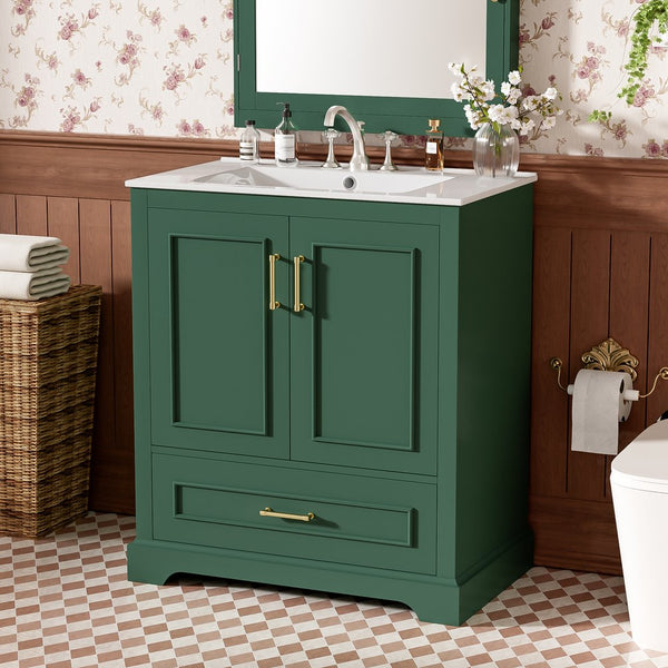English Elm 30" Modern Bathroom Vanity with Ceramic Sink, Soft-Close Doors, Divided Drawer & Dual Door Shelves Green N729P321376F