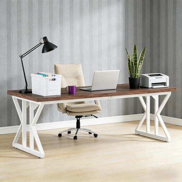 English Elm Computer Desk Two Person Wood Grain Workstation with Drawers for Shared Home Office T3971P450878