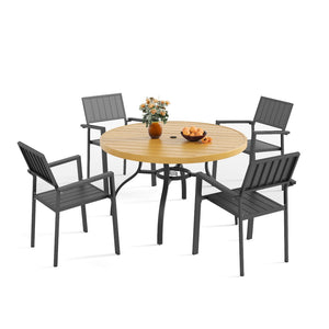 English Elm 5-piece Outdoor Dining Set Round Slatted Table with Umbrella Hole and Stackable Chairs Black+Natural W3979S00050
