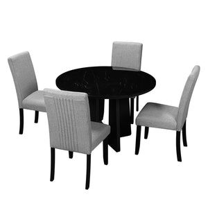 English Elm 5-Piece Round Dining Set with 43" Modern MDF Table and 4 Upholstered Fabric Chairs for Compact Spaces Grey+Black N752S001055B