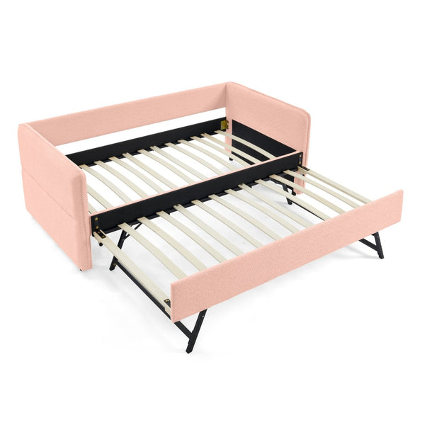 English Elm Daybed Boucle Upholstered Tufted Twin Trundle Sofa for Guest Bedroom Studio Lounge Pink W1413S00172