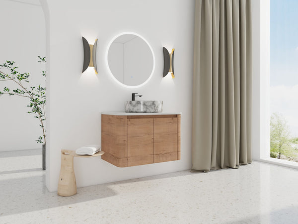 English Elm 30'' Wall-Mounted Bathroom Vanity With Elegant Ceramic Art Sink, Soft-Close Doors & Space-Saving Design W999S00390