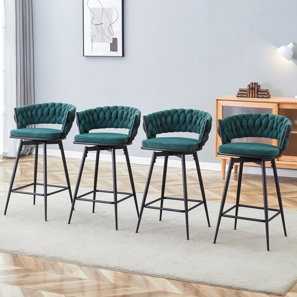 English Elm A set of four rotating bar stools with breathable cotton-linen cushions, 360° swivel, durable metal frame, retro flair Antique Green W2920S00055