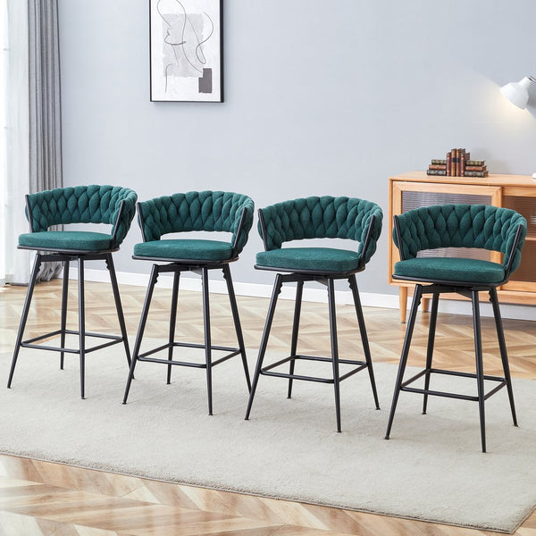 English Elm A set of four rotating bar stools with breathable cotton-linen cushions, 360° swivel, durable metal frame, retro flair Antique Green W2920S00055