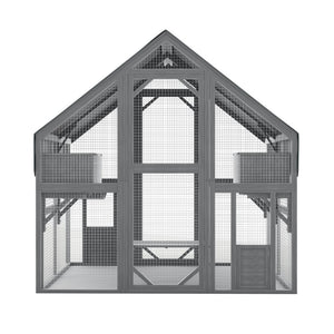 English Elm Cat, Outdoor Wood Enclosure Multi-level Shelter with Platforms Resting Boxes Waterproof Canopy W1598S00039