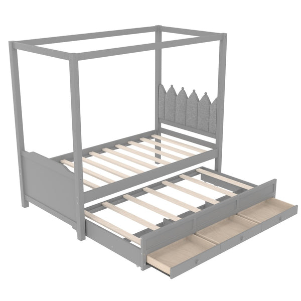 English Elm Full Bunk Bed with Trundle Bookshelf Storage Pine Frame Car Design for Kids W1580S00316