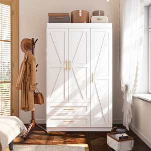 English Elm Shaker Three Door Wardrobe Armoire with Hanging Rod and Shelves for Bedroom White T3210S00005