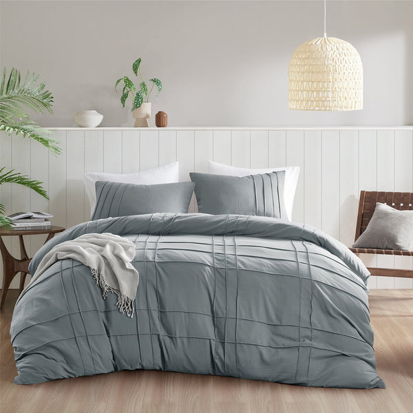 JLA Home Comfort Spaces - Soft Washed Pleated Duvet Cover Set delivers cloud-like comfort, OEKO-TEX safety, breathable microfiber, tailored grid pleat elegance Blue/Grey AM12-0444