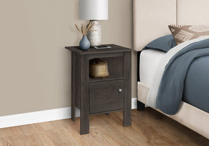 English Elm Accent Oak Nightstand Table with Shelf & Cabinet, Rustic Brown Laminate, Silver Knob, 17.25x14x24.25" B2710P218959