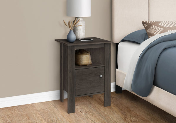 English Elm Accent Oak Nightstand Table with Shelf & Cabinet, Rustic Brown Laminate, Silver Knob, 17.25x14x24.25" B2710P218959