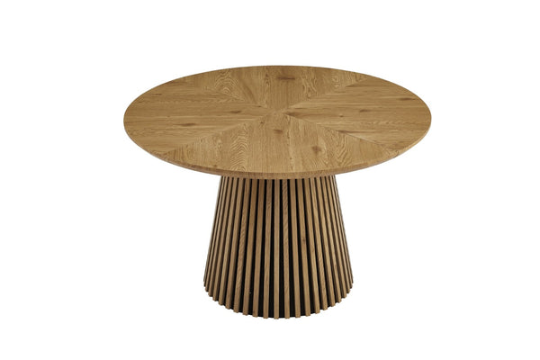 English Elm Round Beech Wood 3 Piece Dining Set with Walnut Finish and Beige Upholstered Chairs W3590S00026
