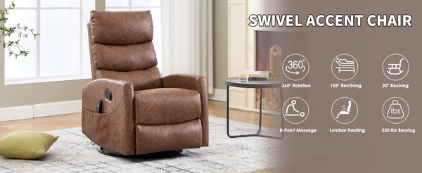 English Elm Heat Massage Rocker Recliner Swivel Chair with Lumbar Warmth in Soft Fabric W3224P357577