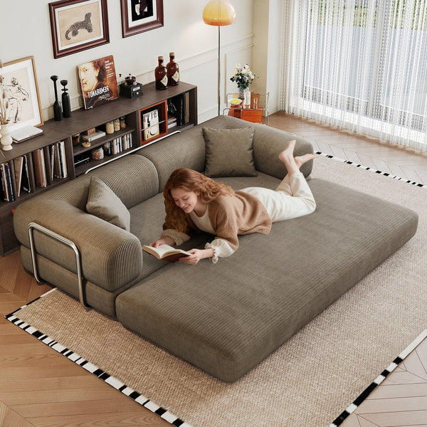 English Elm 78.8" Compression Sofa Convertible Floor Bed with Corduroy Fabric, No-Assembly Modular Futon, Supportive Backrest and Armrests Camel W2824P373431