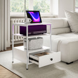 Homcom 2 End Tables w/ Charging Stations, LED Lights, USB Ports, Outlets, Drawer, Shelves, White