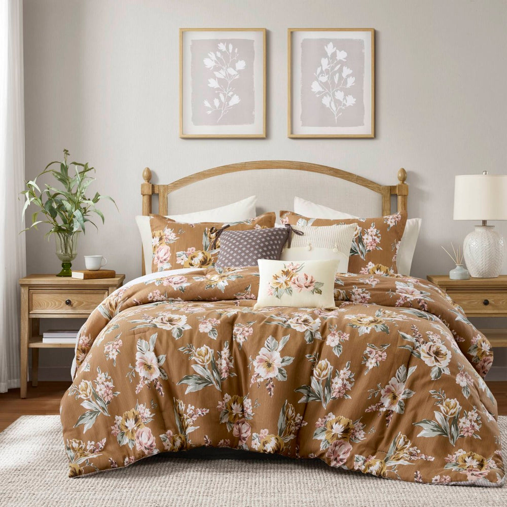 English Elm 7-piece Cal King Vintage Floral Comforter Set with Slub Cotton Reversible Stripe B035P440211
