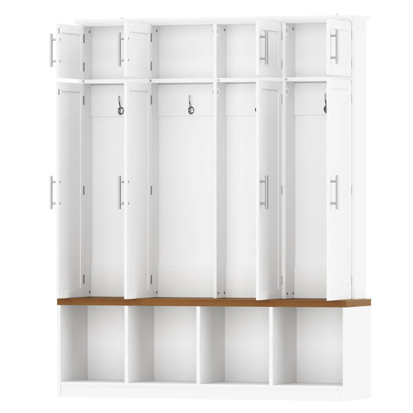 English Elm Wood Entryway Hall Tree with Bench Seating Coat Hooks Shoe Cubbies Cabinet White W5271S00004