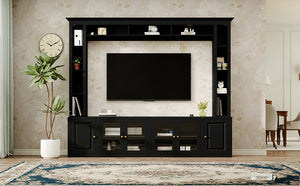 English Elm 4-Piece Modern Entertainment Center Wall Unit with Tempered Glass Doors, Adjustable Shelves, Designer Bridge and Cable Management for Spacious Living Room Storage Black N721S000052B
