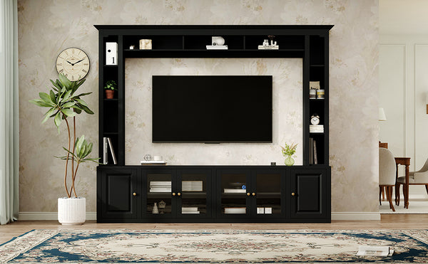 English Elm 4-Piece Modern Entertainment Center Wall Unit with Tempered Glass Doors, Adjustable Shelves, Designer Bridge and Cable Management for Spacious Living Room Storage Black N721S000052B