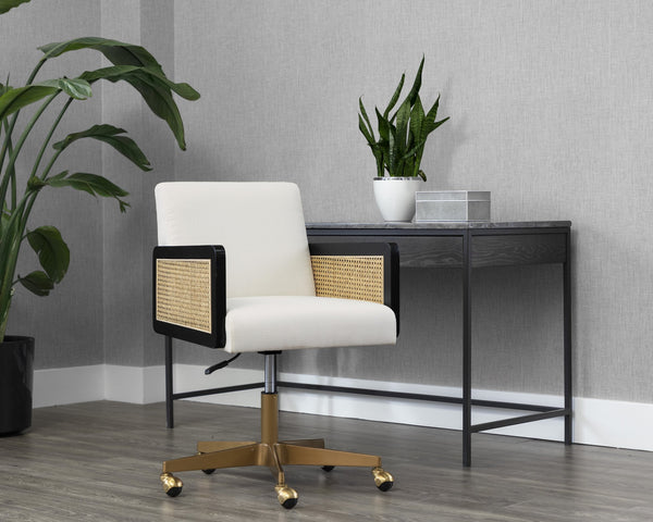 Sunpan Claudette Modern Office Chair in Linoso Ivory with Rattan, Gold Base, and Black Rubberwood Arms