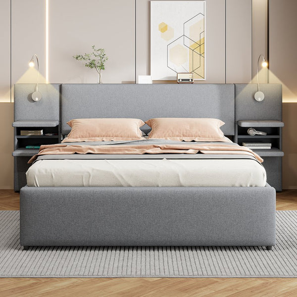 English Elm Queen Linen Upholstered Platform Bed with Storage Drawers, Trundle, Flip-Up Headboard & Lights Gray SF000187AAE