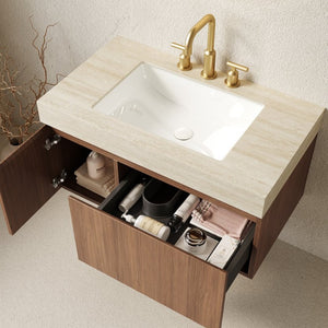 English Elm Muri Floating Bathroom Vanity Oak Plywood Cabinet Travertine Stone Top Soft Close W2615S00609