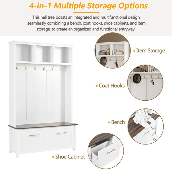 English Elm ON-TREND Rustic 4-in-1 Hall Tree with Bench, 6 Gold Hooks, Shoe Storage, Drawers & Anti-Tip Safety White N721P272898K