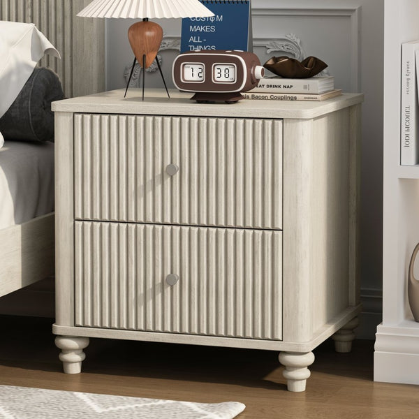 English Elm 3-piece Queen Bedroom Set Fluted Panel Rubberwood Bed with Dual Drawer Nightstands Beige W5819S00011