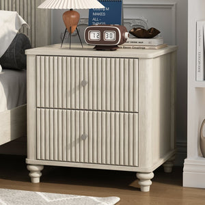 English Elm Fluted Oak Finish 3-drawer Nightstand Set of Two Mid Century Bedroom Side Tables Beige W5819P481449