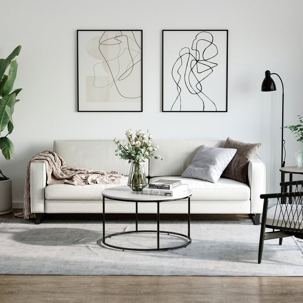 English Elm HOMCOM Modern Round 32" Coffee Table with Wood Grain Top and Black Metal Frame, Durable & Versatile White W2225P217443