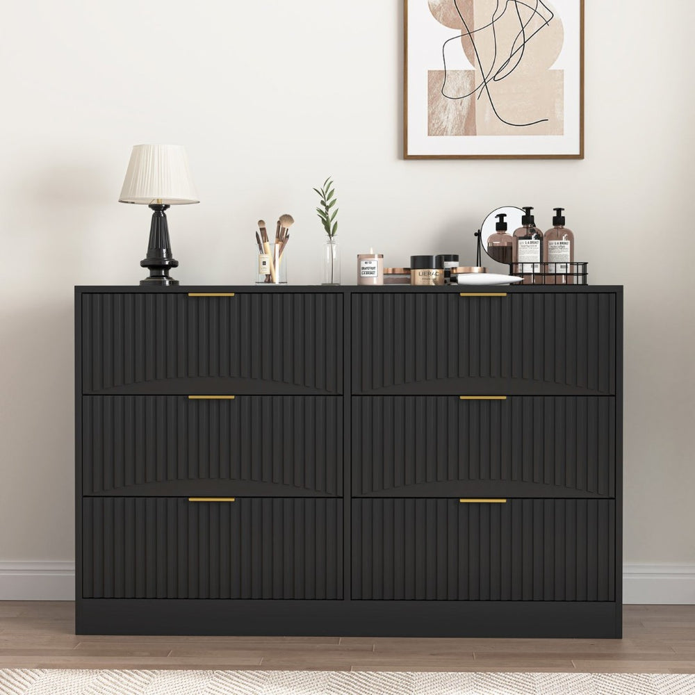 English Elm Modern Six Drawer Chest with Wavy Textured Fronts Sleek Matte Storage for Any Room Black W409P307525