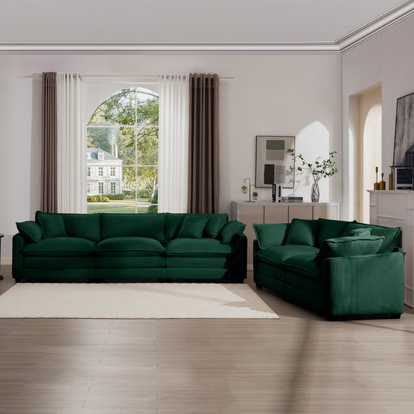 English Elm Modern Fabric Living Room Sofa Set - Plush Green Corduroy, 2 Deep Seat 2-Seater Sofas With Cushions W714S00813