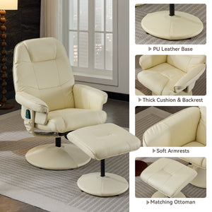 English Elm 011-Massage Recliner Chair with Ottoman, 360° Swivel PU Leather, 5-Point Vibration Massage, Heated Seat, 140° Backrest Comfort Beige W2636P262427