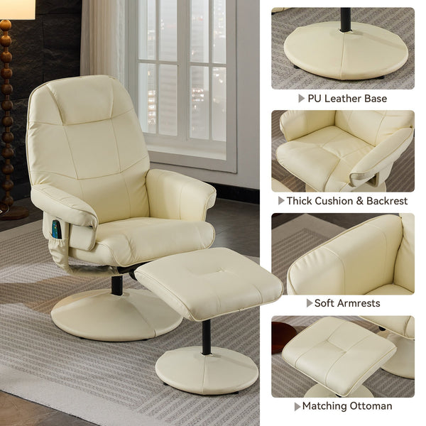 English Elm 011-Massage Recliner Chair with Ottoman, 360° Swivel PU Leather, 5-Point Vibration Massage, Heated Seat, 140° Backrest Comfort Beige W2636P262427