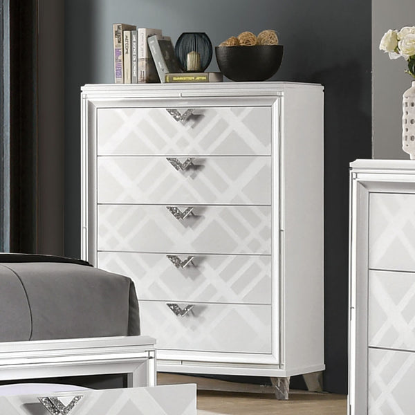English Elm White White Finish Contemporary 1pc Chest with Art Deco Embossed Pattern, Acrylic Legs, Jewel Pulls B2741P368950