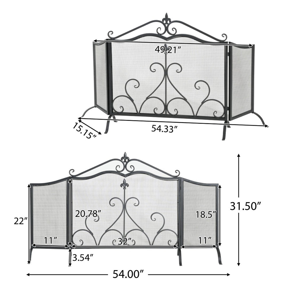 English Elm Onyx 3-panel Forged Iron Fireplace Screen with Fleur-de-lis Scrollwork Matte Black N775P386819B
