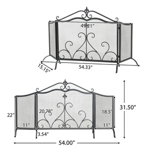 English Elm Onyx 3-panel Forged Iron Fireplace Screen with Fleur-de-lis Scrollwork Matte Black N775P386819B