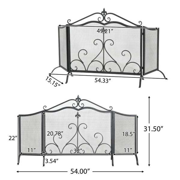 English Elm Onyx 3-panel Forged Iron Fireplace Screen with Fleur-de-lis Scrollwork Matte Black N775P386819B
