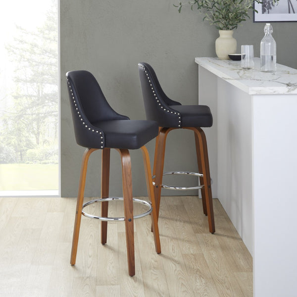 English Elm 30" Swivel Barstools Set of 2 Walnut Bentwood Faux Leather Chrome Nailhead Bar Height B202S01948