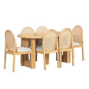 English Elm Trexm Farmhouse Oval Dining Set Seats Six with Rattan Back Chairs Oak Veneer Table Beige,Natural ST000157AAD