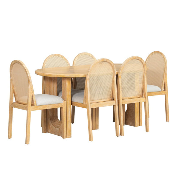 English Elm Trexm Farmhouse Oval Dining Set Seats Six with Rattan Back Chairs Oak Veneer Table Beige,Natural ST000157AAD
