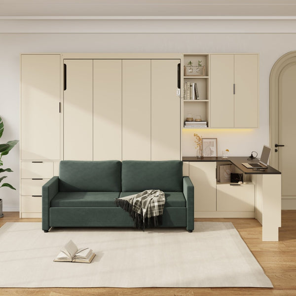 English Elm Queen Murphy Wall Bed Hydraulic Lift Velvet Sofa Built-in Shelves Led Studio Unit Cream LP000392AAA
