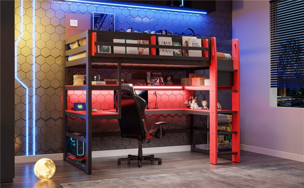 English Elm Twin Loft Bed with Rgb Lighting Usb Ports Wraparound Shelves and Gaming Desk Red LT000298AAJ