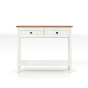 English Elm Farmhouse Console Table Antique White with 2 Drawers, Bottom Shelf, Tool-Free Assembly & Anti-Tip (93) W2557P191364