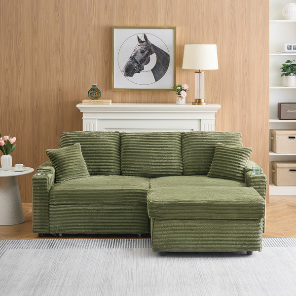 English Elm 80" Corduroy Multi-Function Sofa with Hidden Recliner, Space-Saving Design, Armrests, Cup Holders, Removable Footstool Green W3356S00019