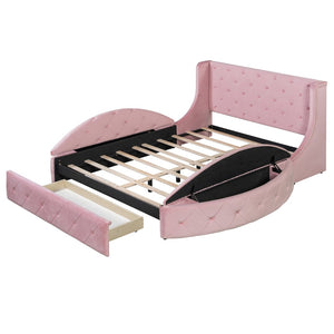English Elm Upholstered Queen Platform Bed Velvet Wingback Frame with Storage Drawer and Side Stools Pink LP200815AAH