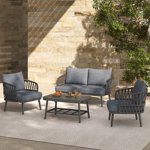 English Elm Christopher Knight Home® - 4-Piece Outdoor Patio Set with Woven Rope U-Back, Steel Frame, Thick Cushions & Acacia Table for Garden Black+Grey N780P209458G