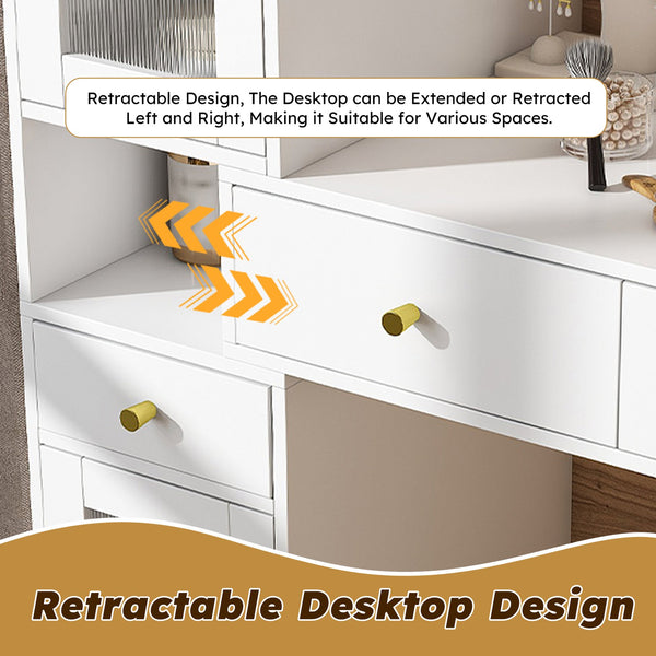 English Elm Vanity LED Mirror Dressing Table with 3 Drawers, 4 Cabinets & 3 Light Modes — White, Spacious Storage W2700P297922